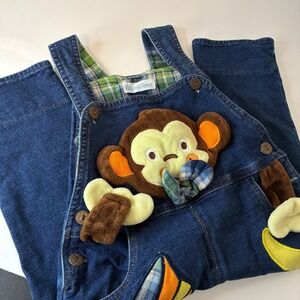 Baby Boy Monkey Banana Denim Overalls Jumpsuit Size 18-24M Kidscool Space Plaid